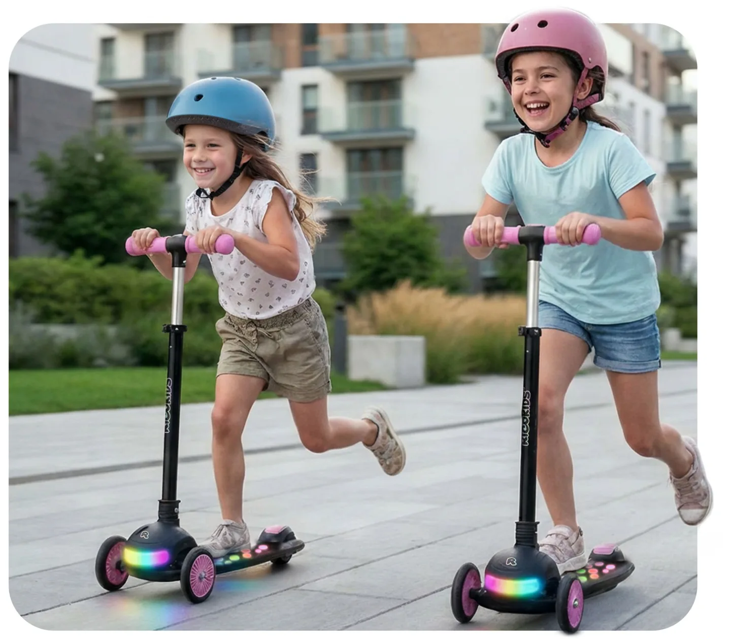 Detail produktu 12: Detská trojkolesová balančná kolobežka s LED svetlami Ricokids Glowi – čierno-ružová