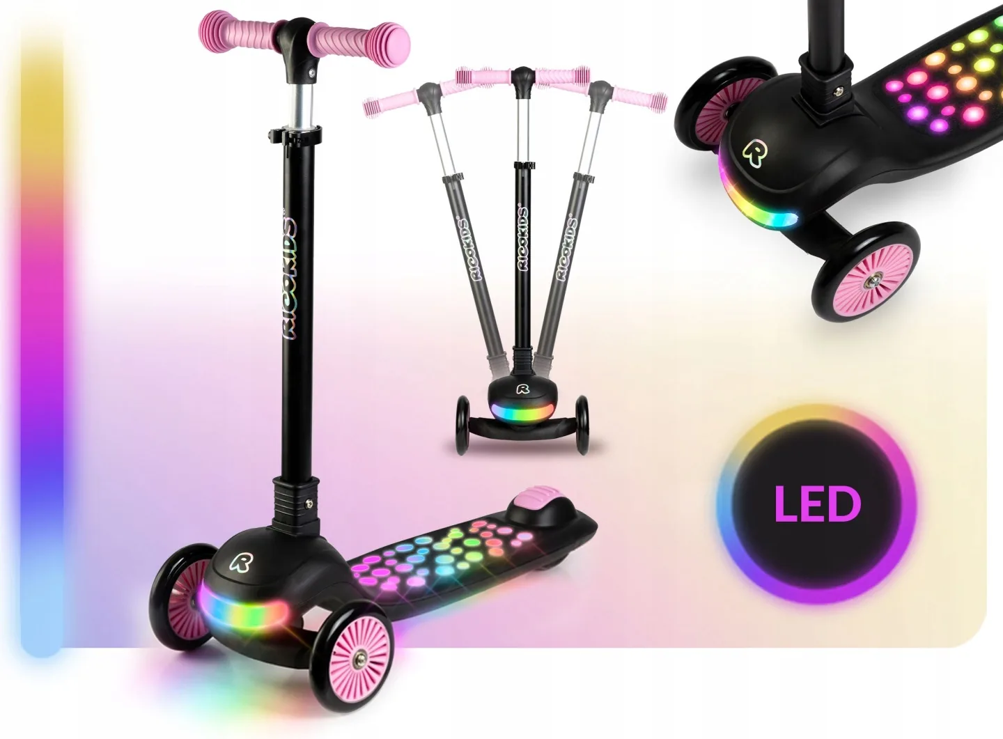 Detail produktu 2: Detská trojkolesová balančná kolobežka s LED svetlami Ricokids Glowi – čierno-ružová