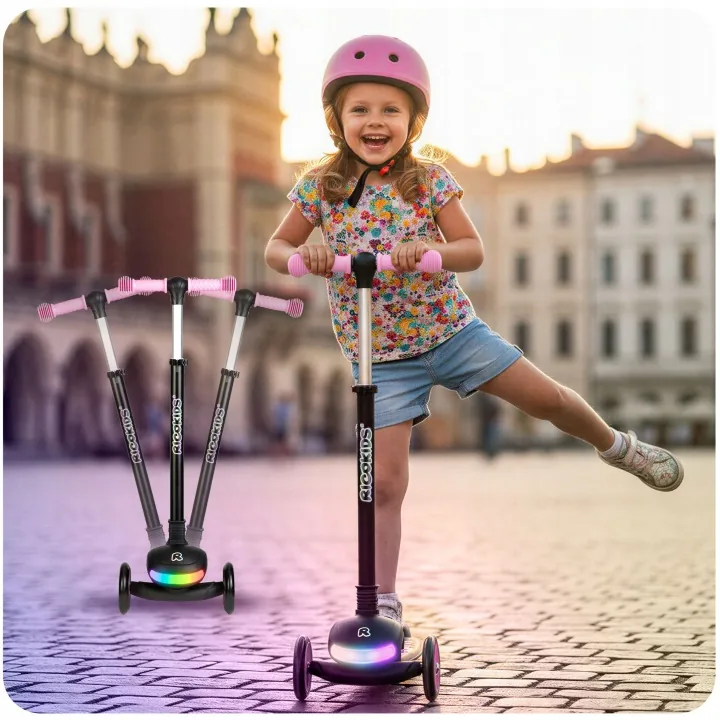 Detail produktu 8: Detská trojkolesová balančná kolobežka s LED svetlami Ricokids Glowi – čierno-ružová