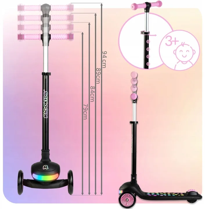Detail produktu 10: Detská trojkolesová balančná kolobežka s LED svetlami Ricokids Glowi – čierno-ružová