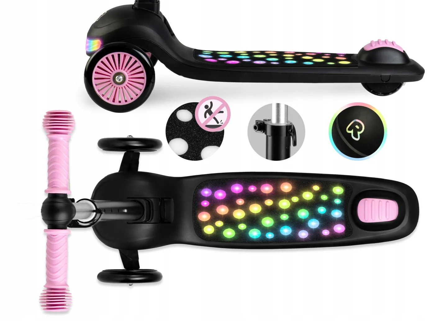 Detail produktu 4: Detská trojkolesová balančná kolobežka s LED svetlami Ricokids Glowi – čierno-ružová