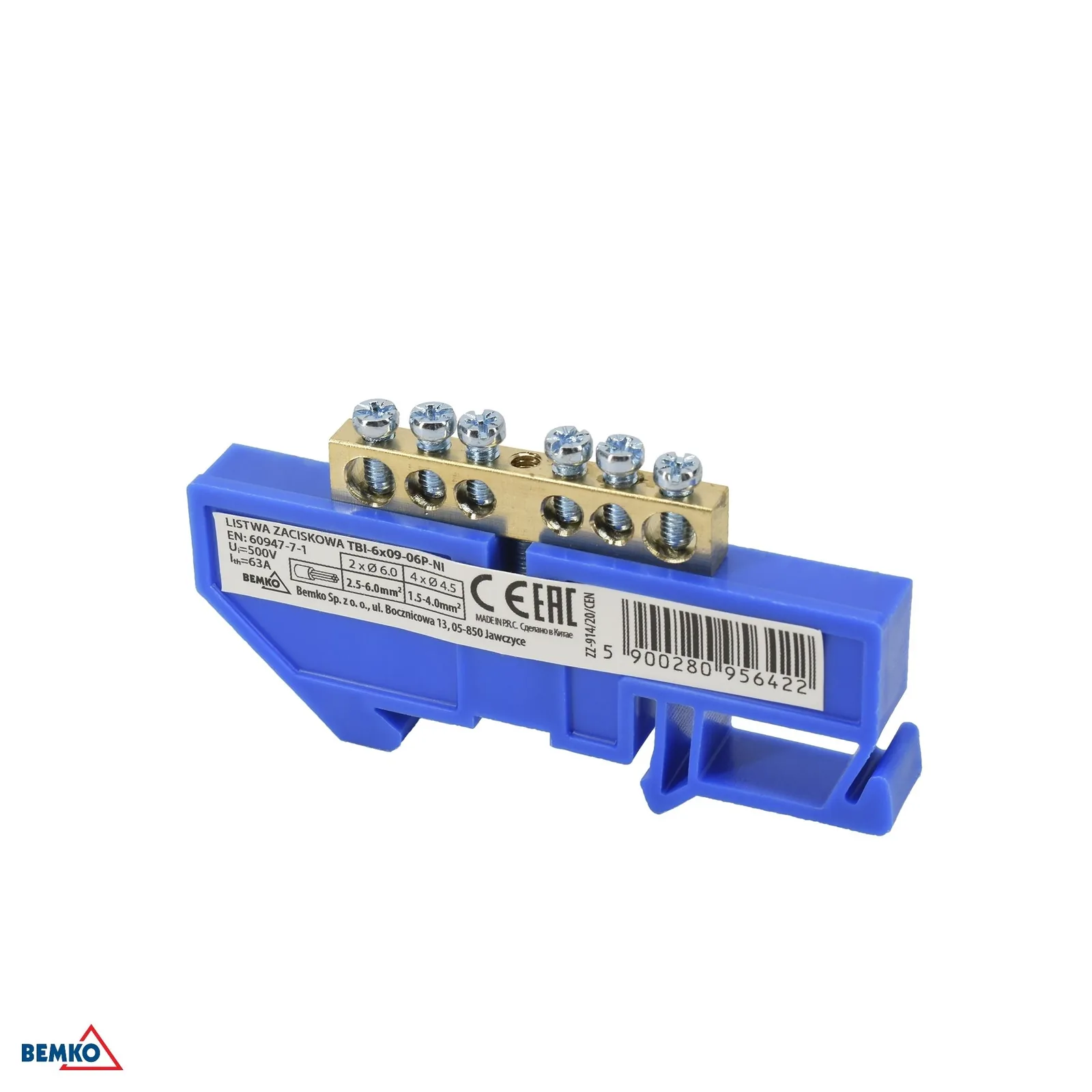Svorkovnica na DIN lištu 1 modul 63A 500V modrá Schelinger BM-A18-TBI-6X09-06P-NI