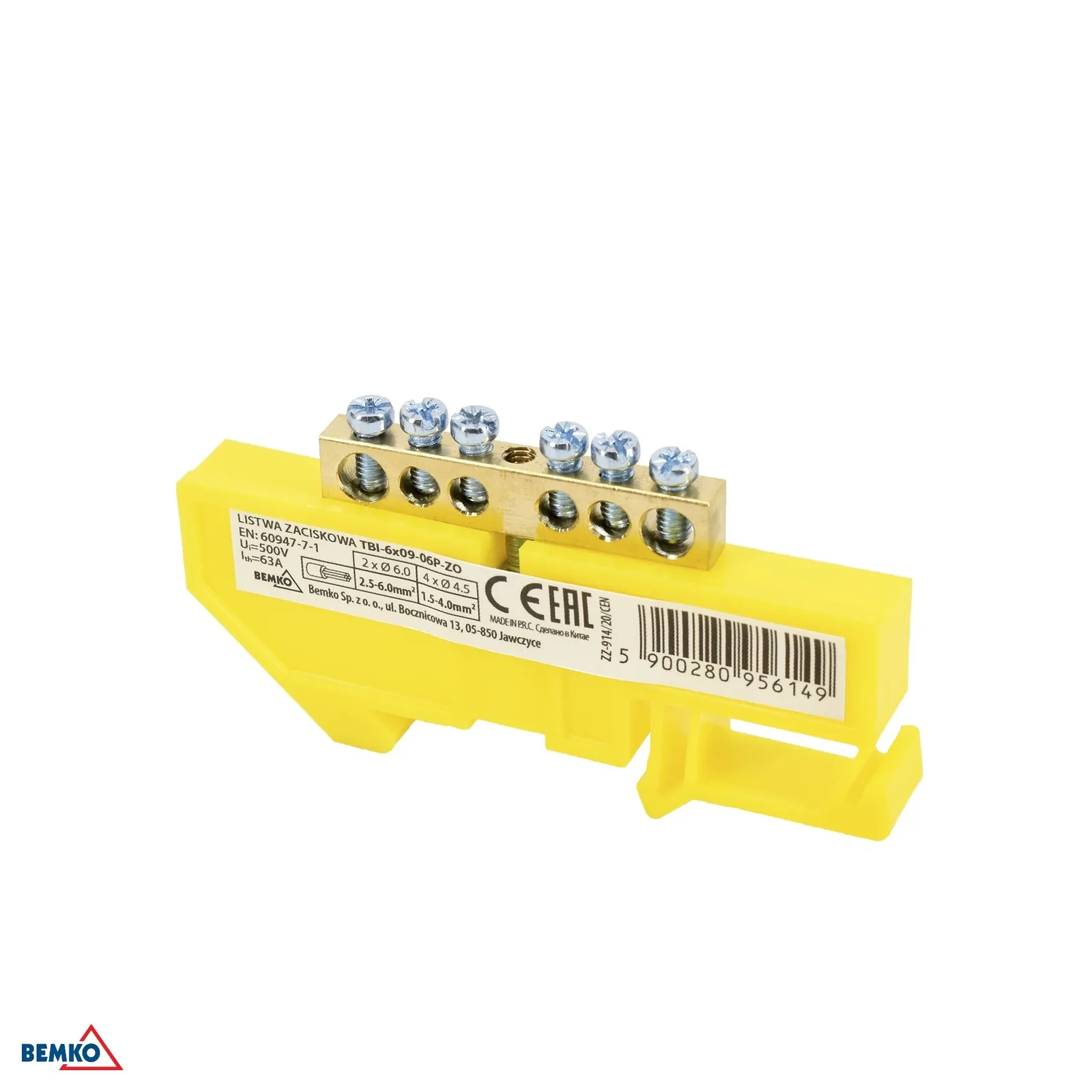 Schelinger svorkovnica na DIN lištu 63 A, 500 V, 1 modul, žltá BM-A18-TBI-6X09-06P-ZO