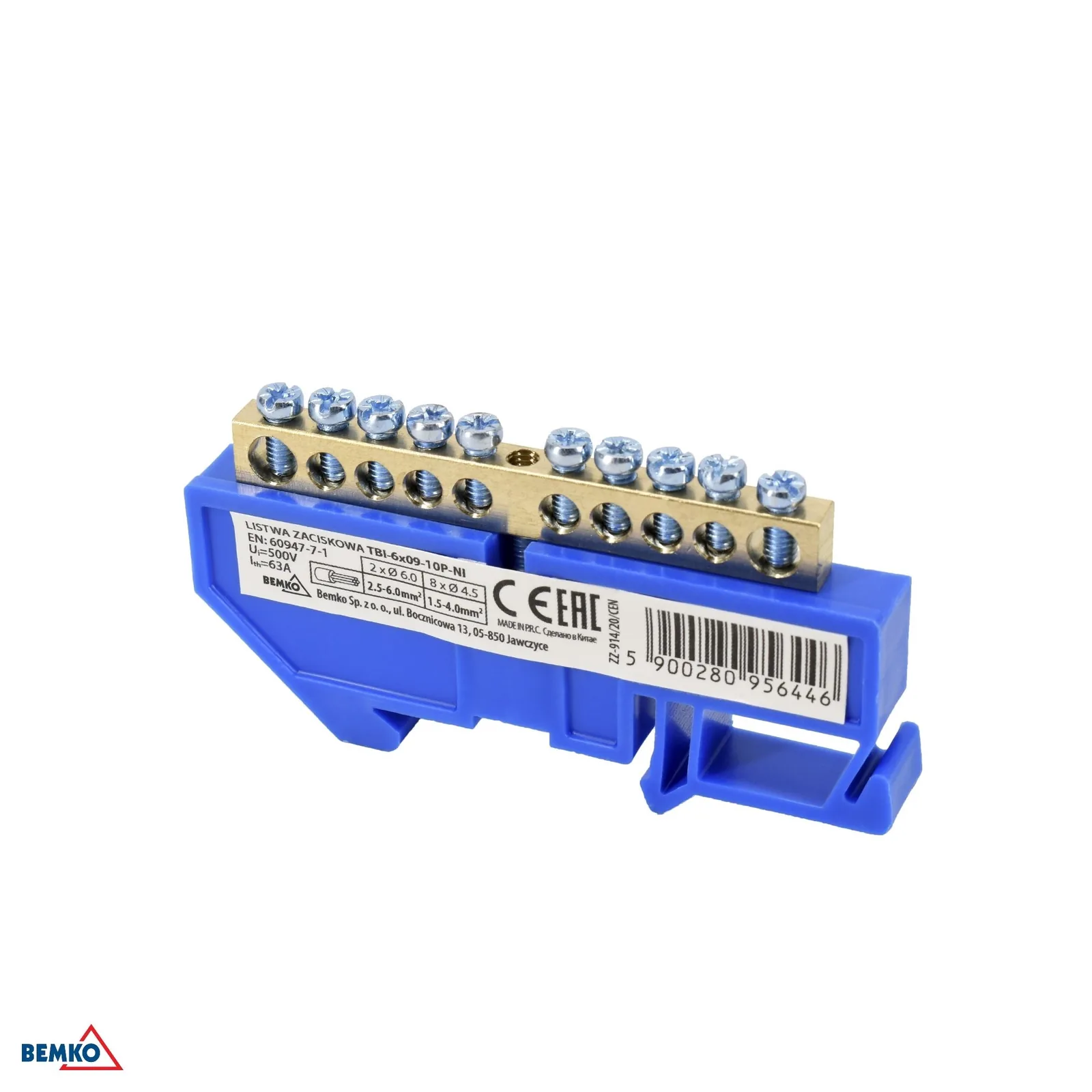 Svorkovnica na DIN lištu 1 modul modrá, 63 A, 500 V BM-A18-TBI-6X09-10P-NI