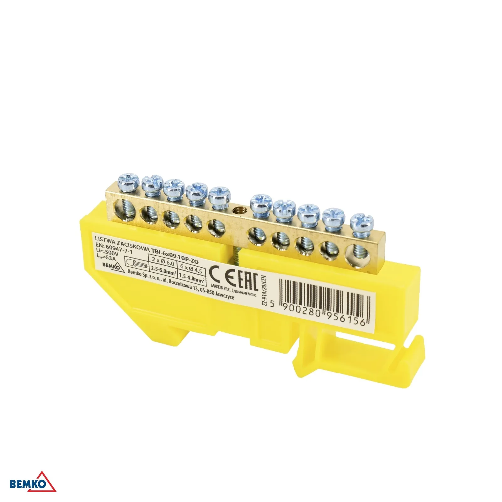Schelinger svorkovnica na DIN lištu 1 modul 63A 500V BM-A18-TBI-6X09-10P-ZO