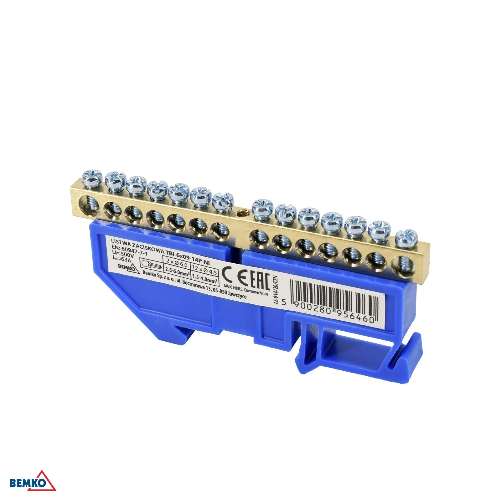 Schelinger svorkovnica na DIN lištu 63 A 500 V, modrá, 1 modul BM-A18-TBI-6X09-14P-NI