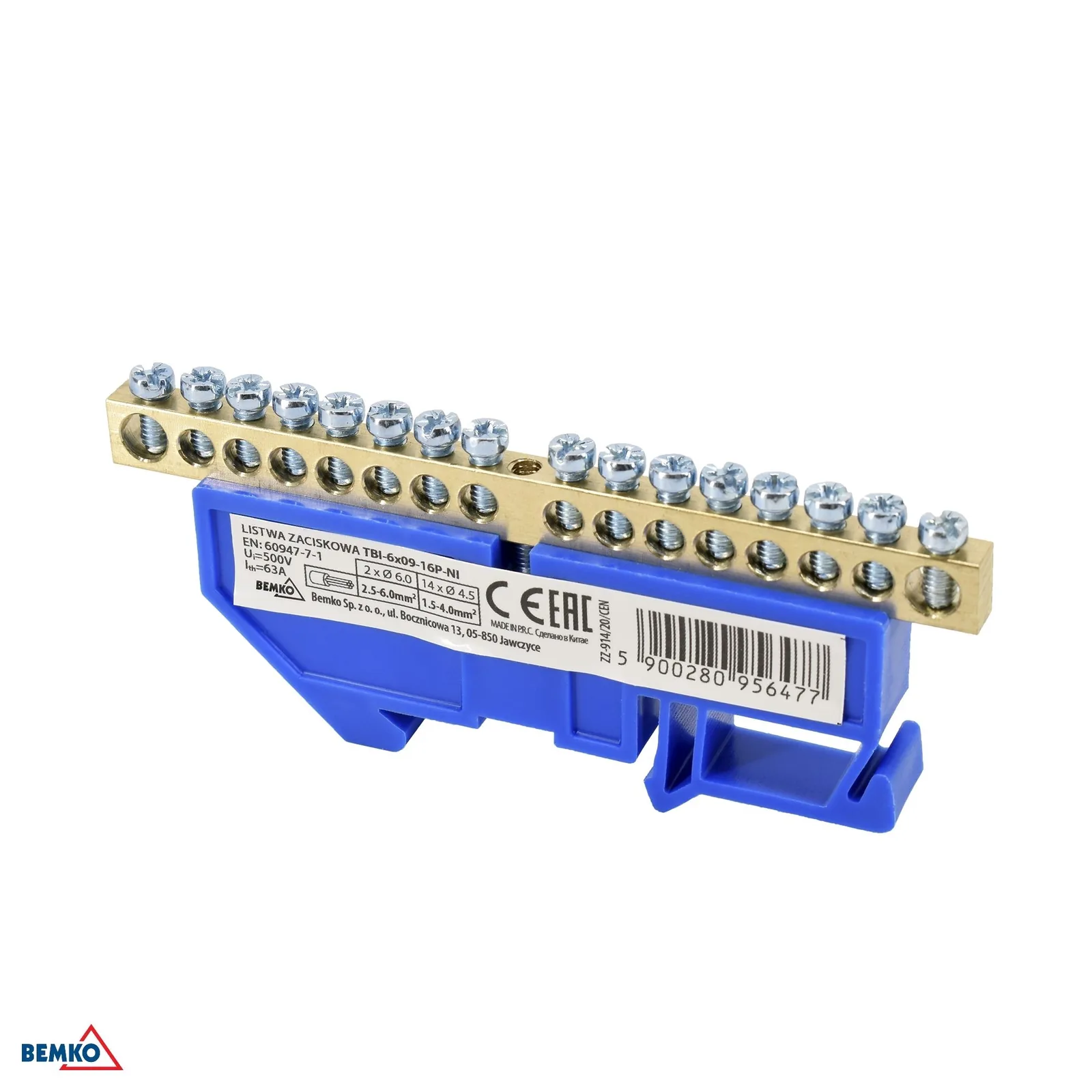Schelinger modulová svorkovnica na DIN lištu 63A 500V, modrá, 1 modul BM-A18-TBI-6X09-16P-NI
