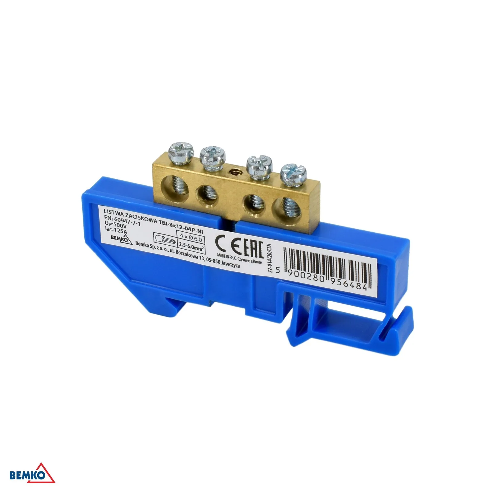Schelinger svorkovnica na DIN lištu 35 mm, 1 modul, 125 A, 500 V BM-A18-TBI-8X12-04P-NI