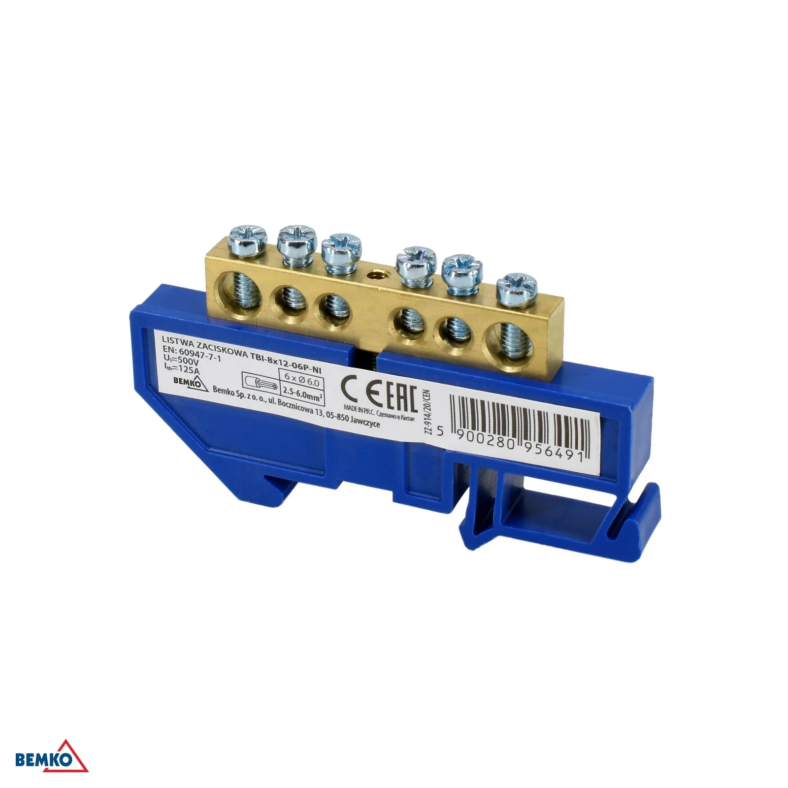 Schelinger svorkovnica na DIN lištu 125A 500V, 1 modul BM-A18-TBI-8X12-06P-NI