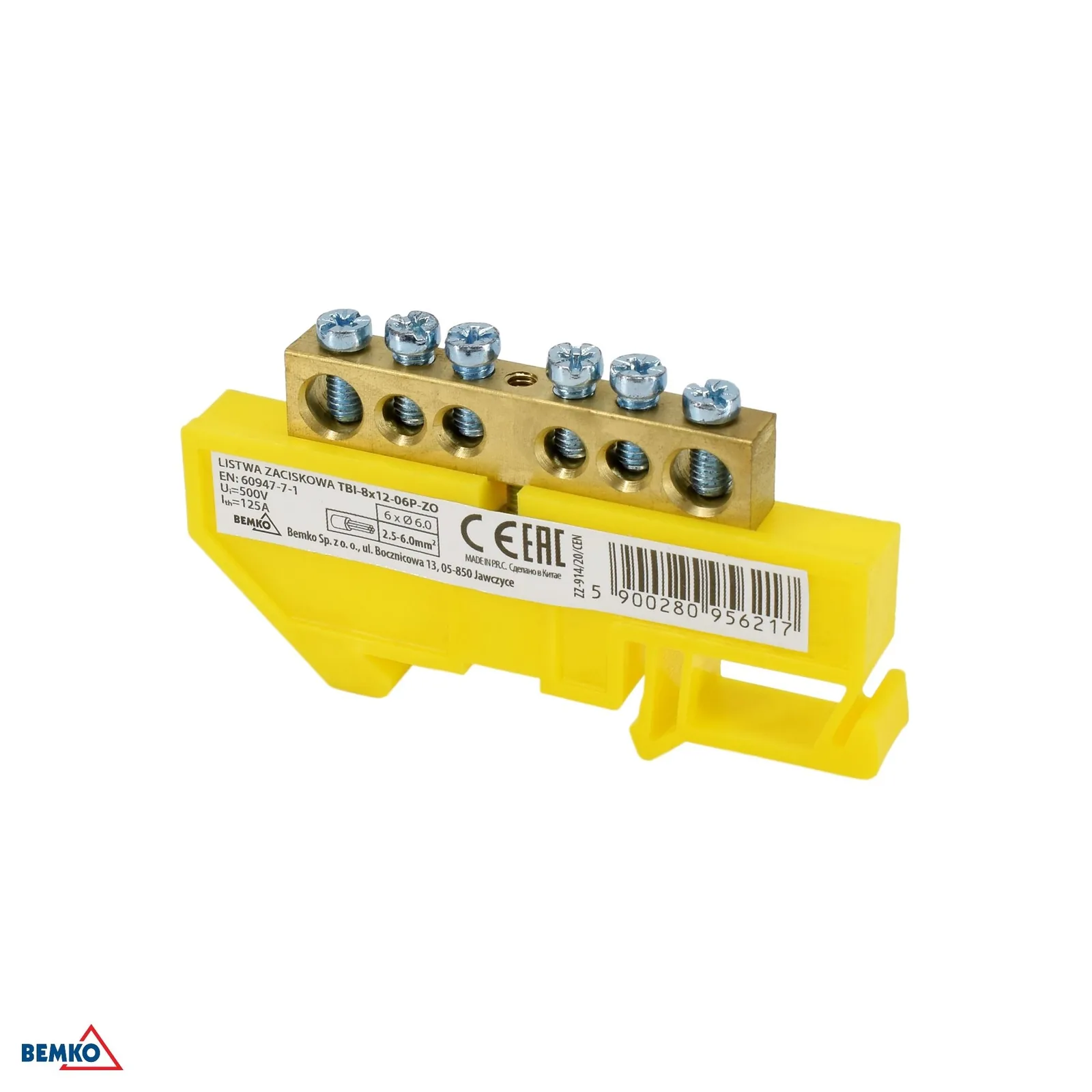 Schelinger svorkovnica na DIN lištu 35 mm, 125 A, 500 V, 1 modul, žltá BM-A18-TBI-8X12-06P-ZO