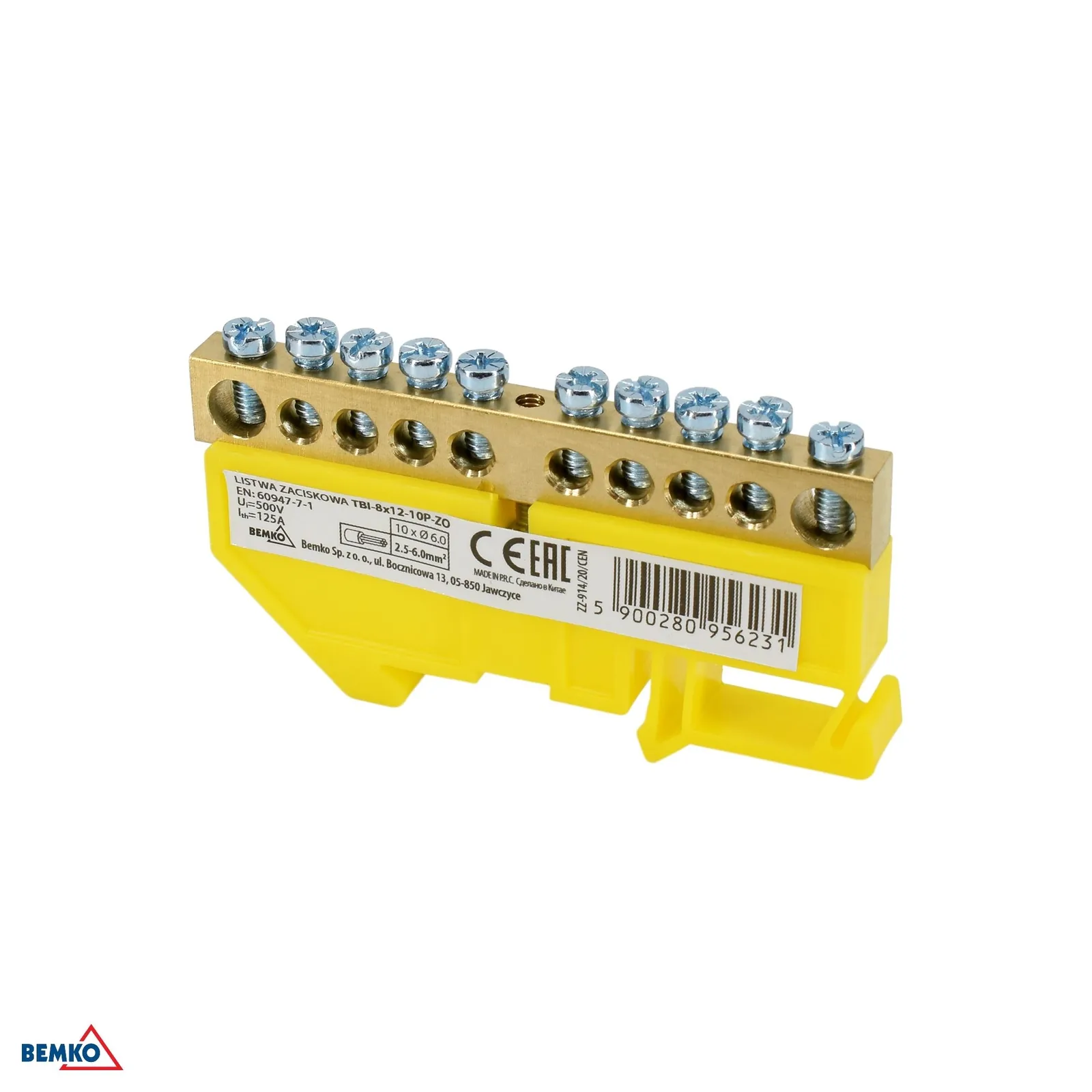 Schelinger svorkovnica na DIN lištu 35 mm 125A 500V 10X 6 mm 1 modul BM-A18-TBI-8X12-10P-ZO