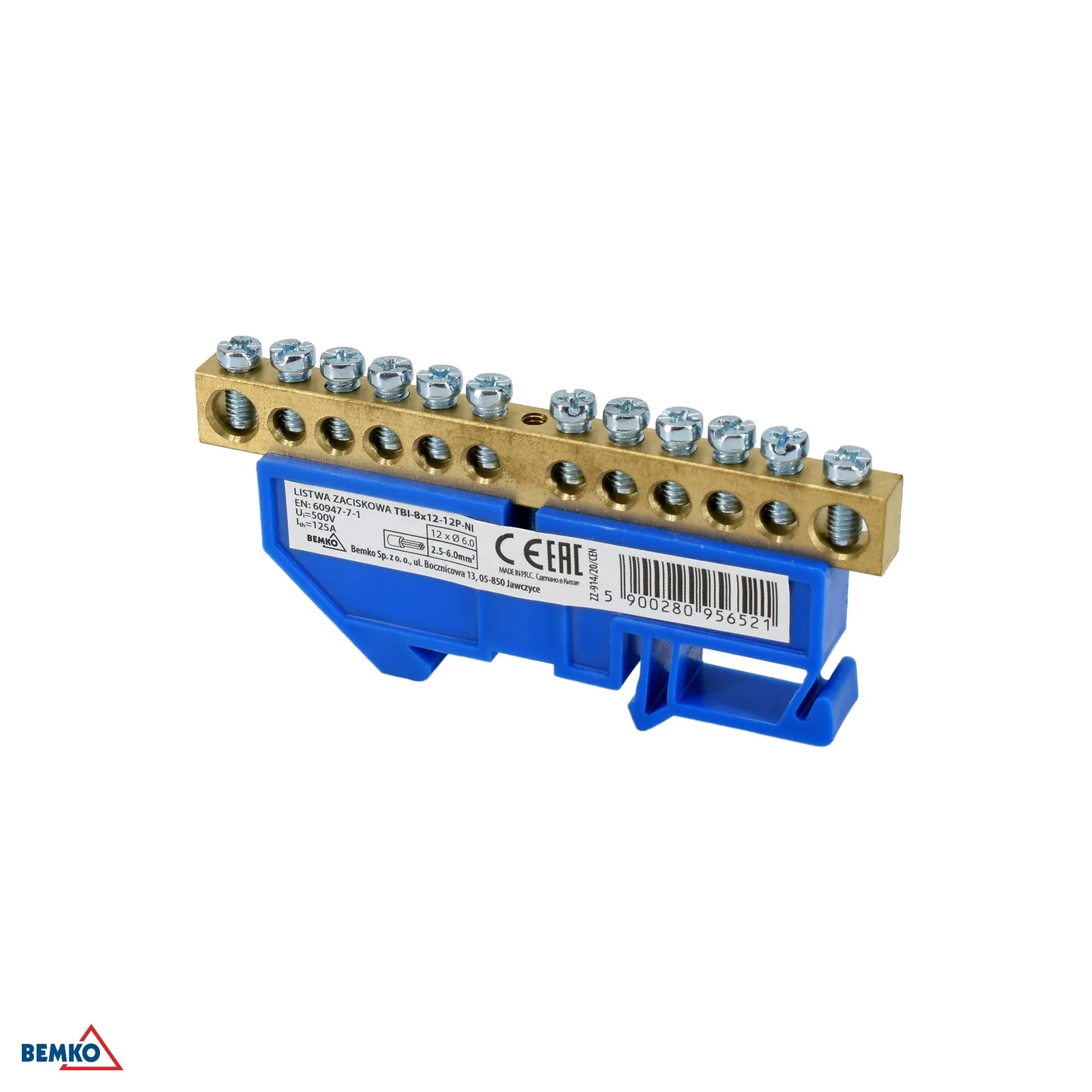 Schelinger svorkovnica na DIN lištu 12X6 mm, 125A, 500V, 1 modul BM-A18-TBI-8X12-12P-NI
