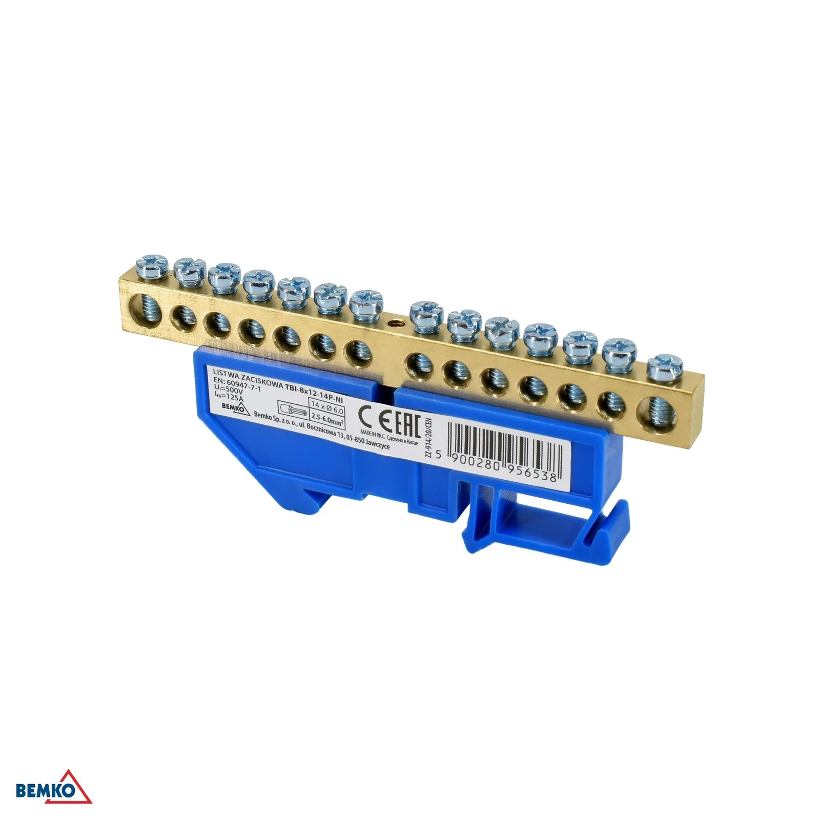 Schelinger svorkovnica na DIN lištu 125A 500V, modrá, 14 x 6 mm, 1 modul BM-A18-TBI-8X12-14P-NI