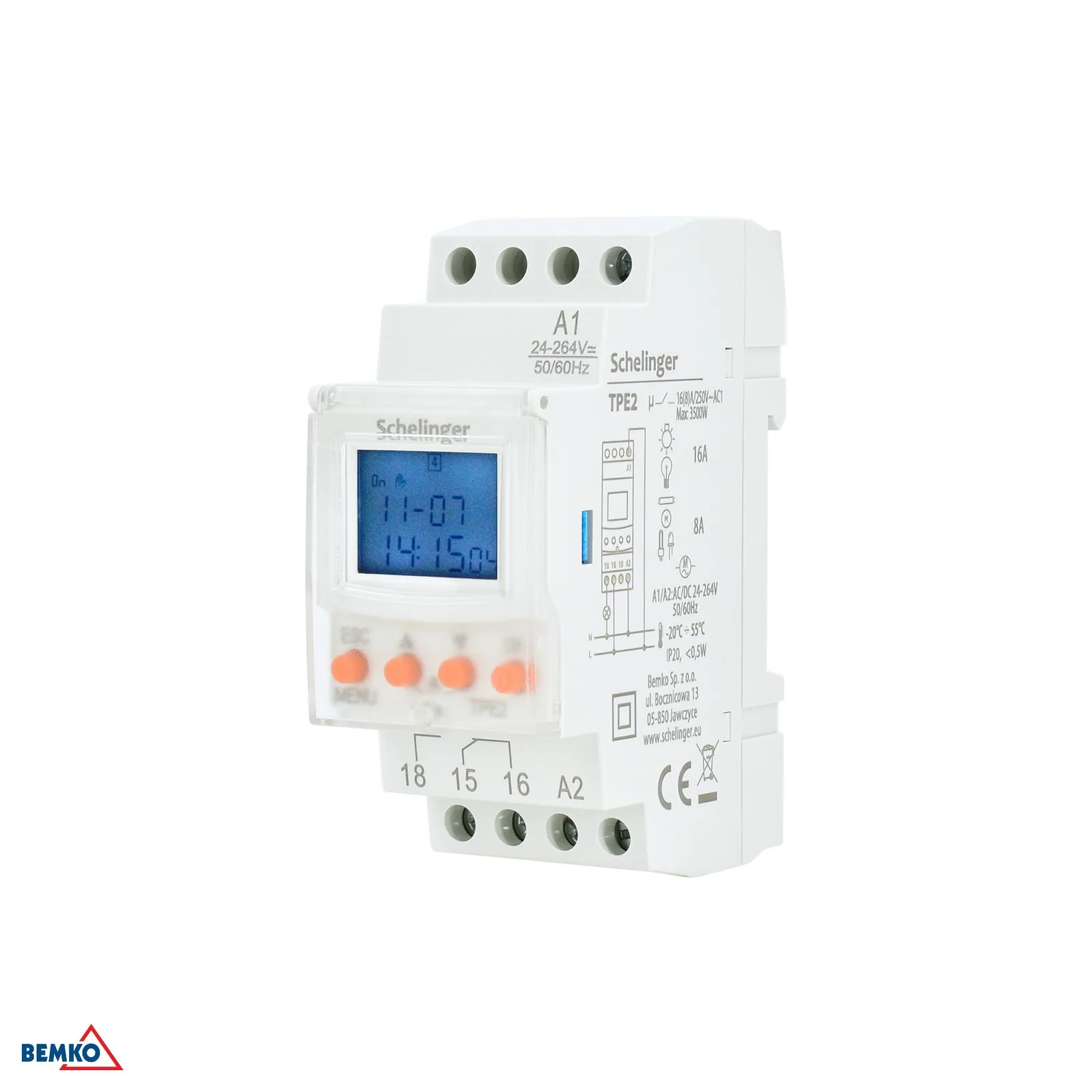 Elektronický časový spínač Schelinger na DIN lištu, 2 moduly BM-A26-TPE2