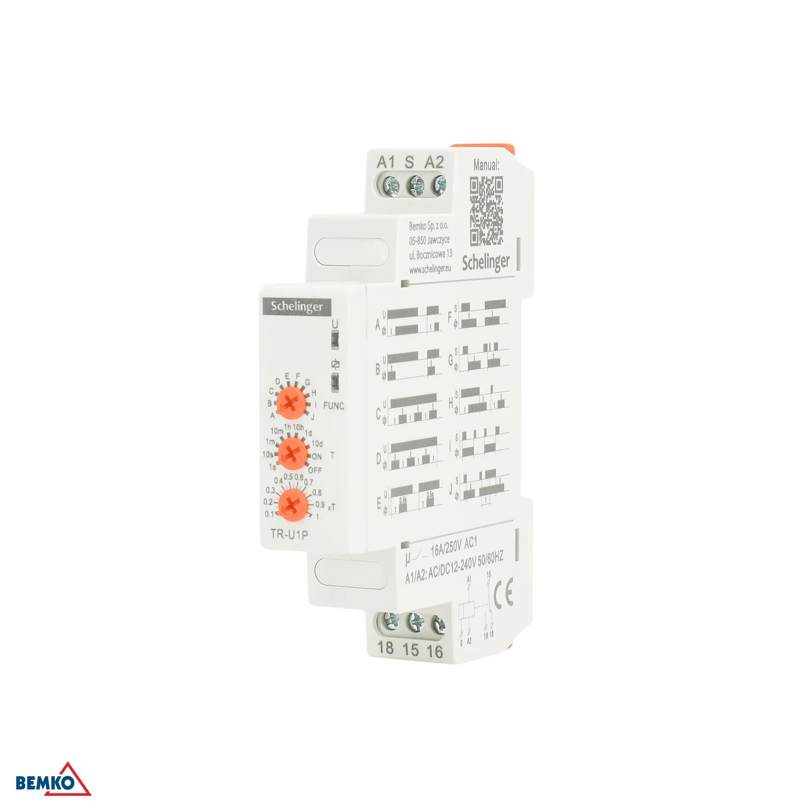 Schelinger multifunkčné časové relé na DIN lištu 1P 16 A 12–240 V AC/DC IP20 BM-A26-TR-U1P