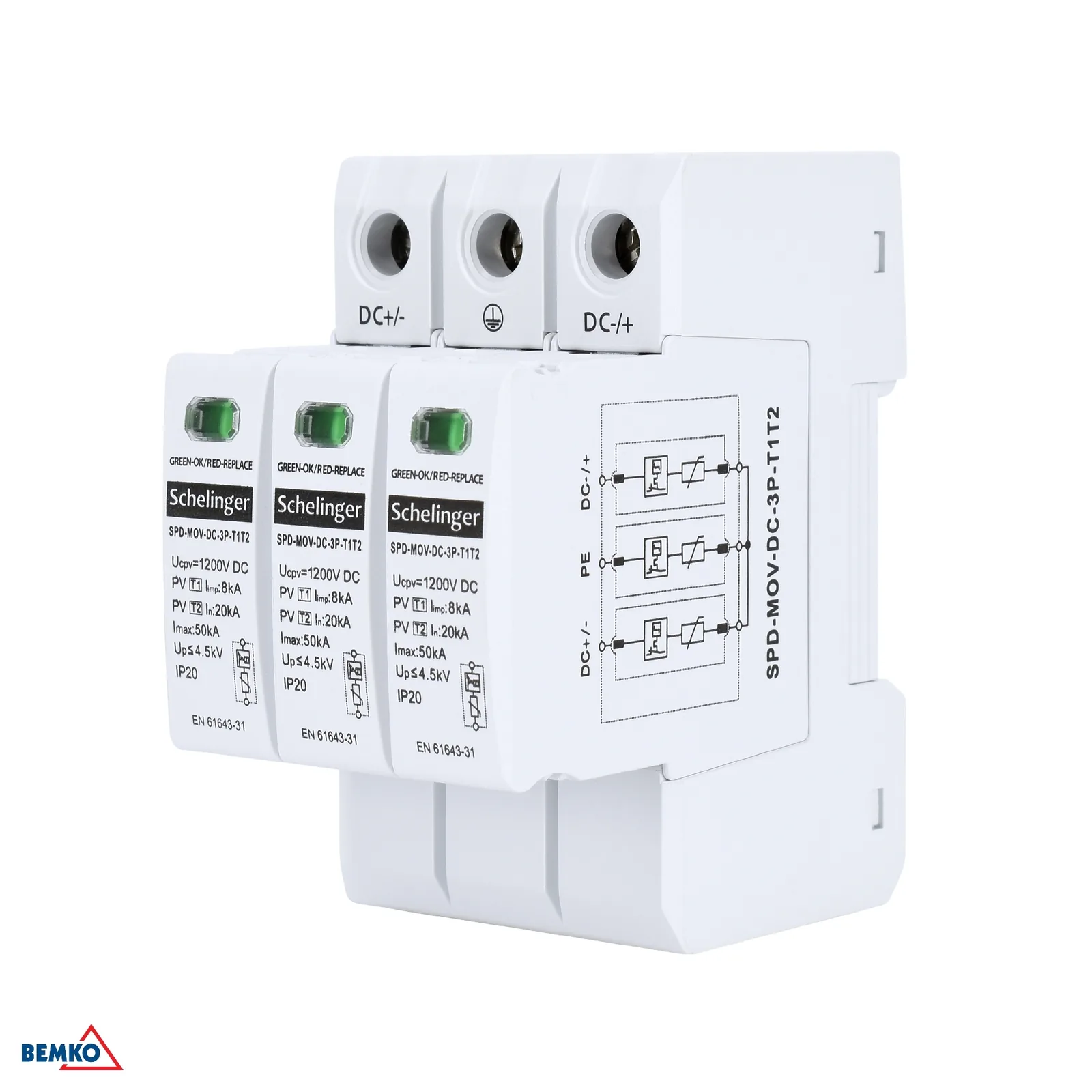 Prepätová ochrana pre fotovoltiku 3P DC 1200 V T1+T2 na DIN lištu Schelinger BM-A53-SPD-MOV-DC-3P-T1T2