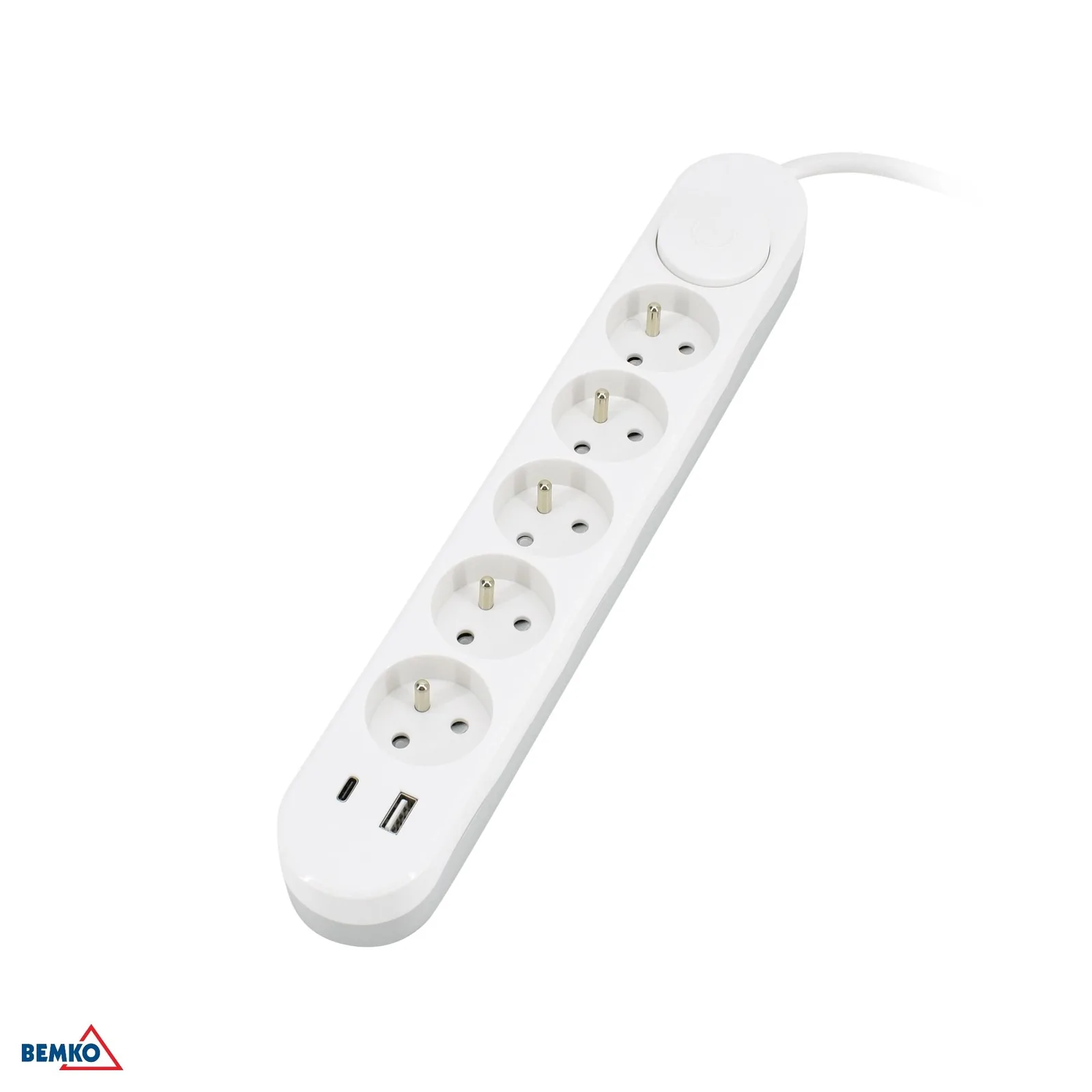 Predlžovací kábel 5 zásuviek s vypínačom a 2× USB, 2 m, biely BM-B05-NB5GW2M-2U
