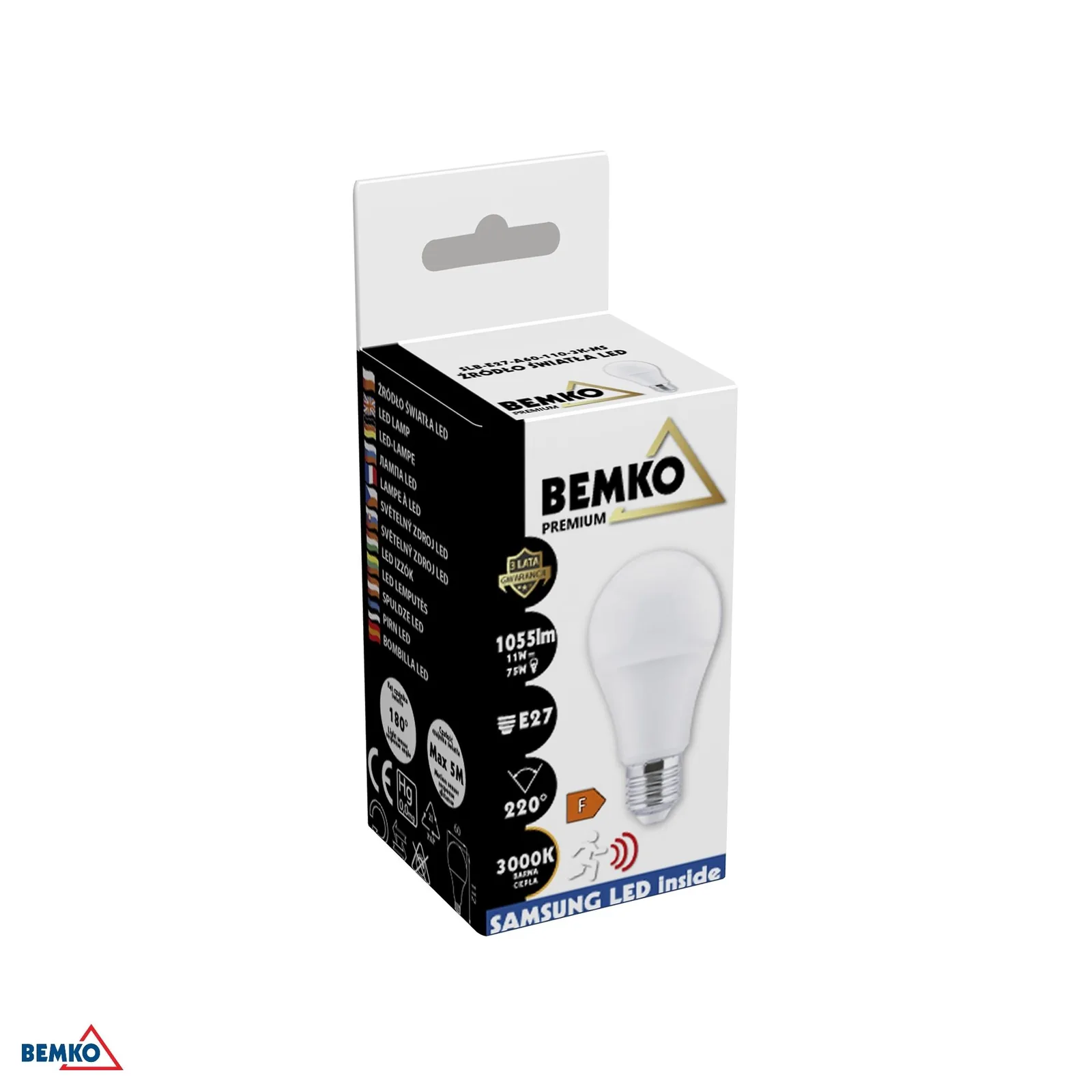 LED žiarovka E27 A60 11W 1055 lm 3000K so súmrakovým a pohybovým senzorom BM-D84-SLB-E27-A60-110-3K-MS