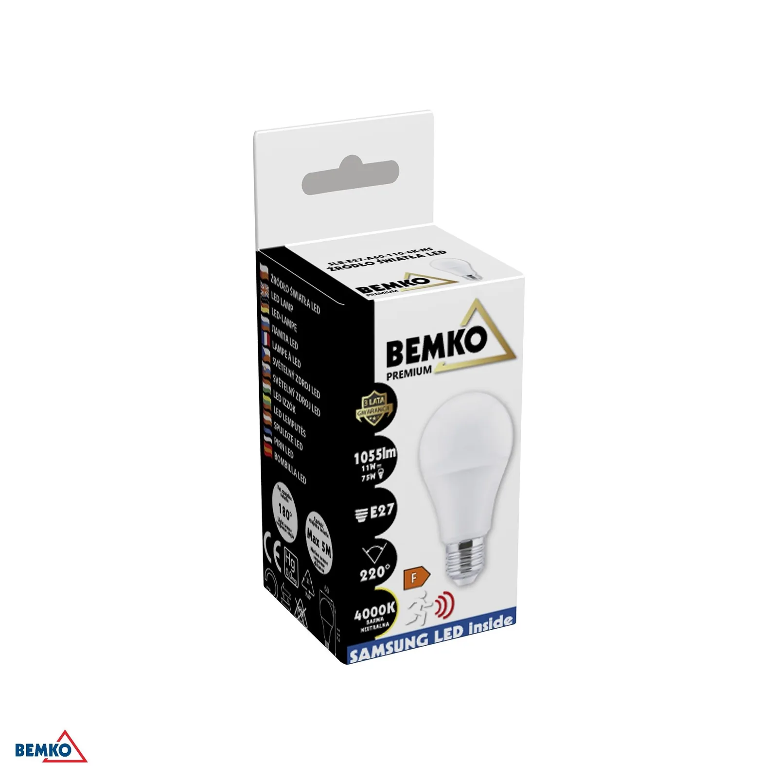 LED žiarovka E27 A60 so senzorom pohybu a súmraku 11W 1055 lm 4000K BM-D84-SLB-E27-A60-110-4K-MS