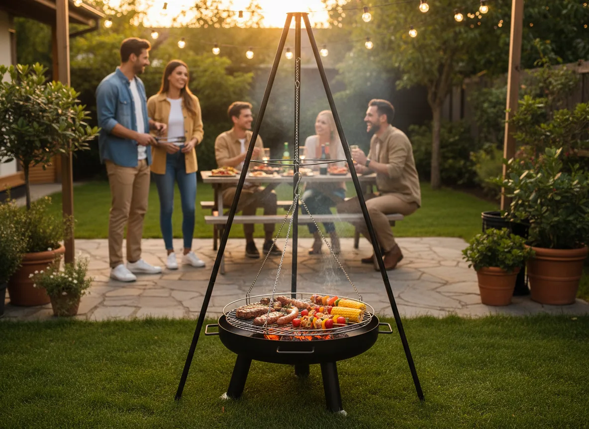 Závesný gril na trojnožke s nastaviteľnou výškou roštu 64,5 x 64,5 x 150 cm CH-BBQ6032 - detail 4