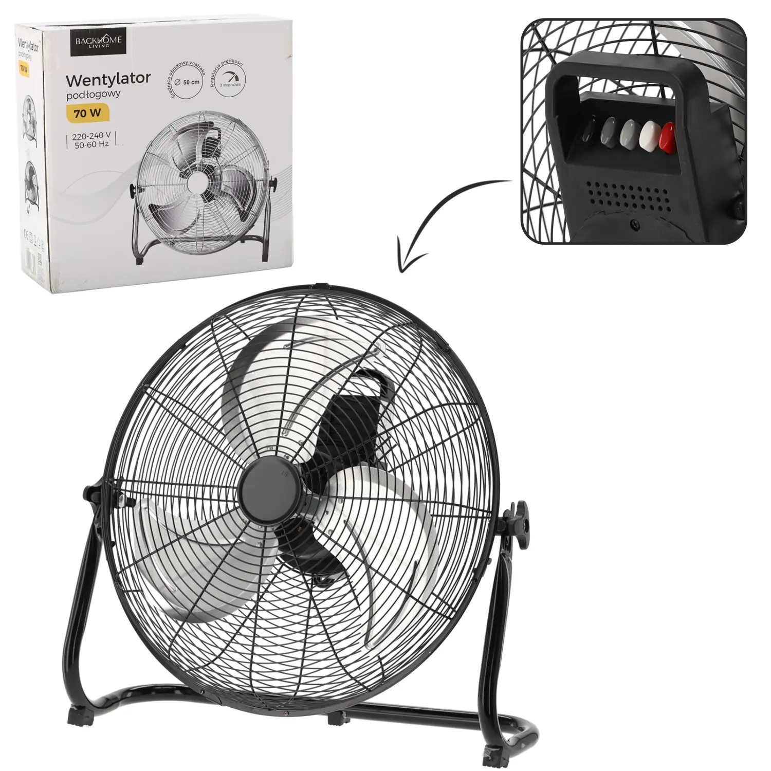 Čierny podlahový ventilátor 50 cm 70 W CH-FAN8984 - detail 3