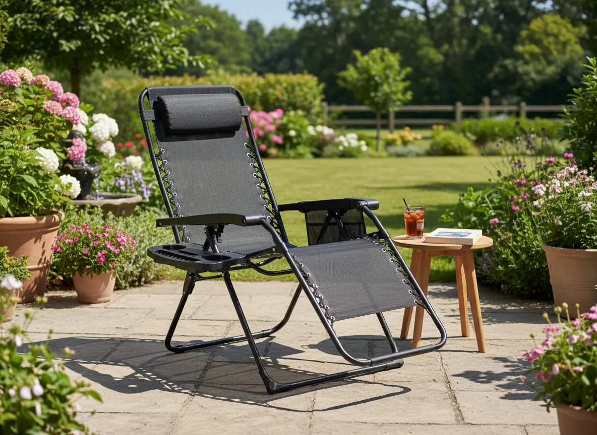 Polohovacie skladacie záhradné lehátko Zero Gravity s opierkou hlavy a držiakom na nápoje 65 x 176 x 110 cm CH-LEZ2589