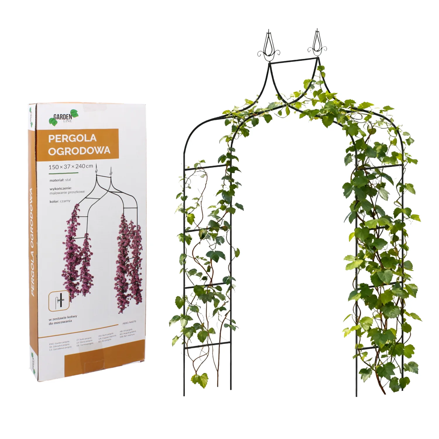 Záhradná pergola na popínavé rastliny 150 × 37 × 240 cm, kovová, čierna, s kotvami CH-PERG-N6078 - detail 3