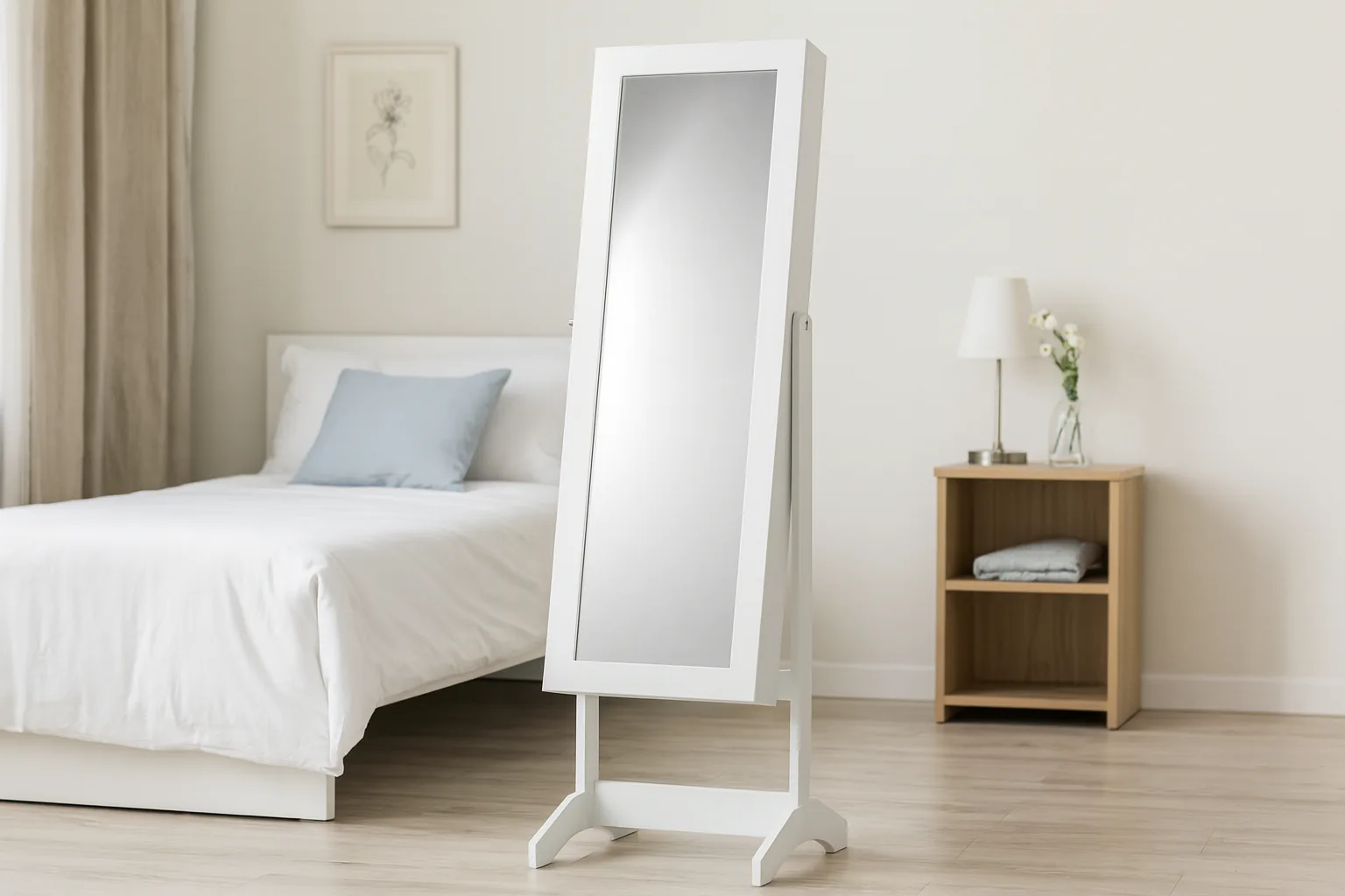 Skrinka na šperky so zrkadlom biela 34 x 35,5 x 140 cm CH-PHO5799