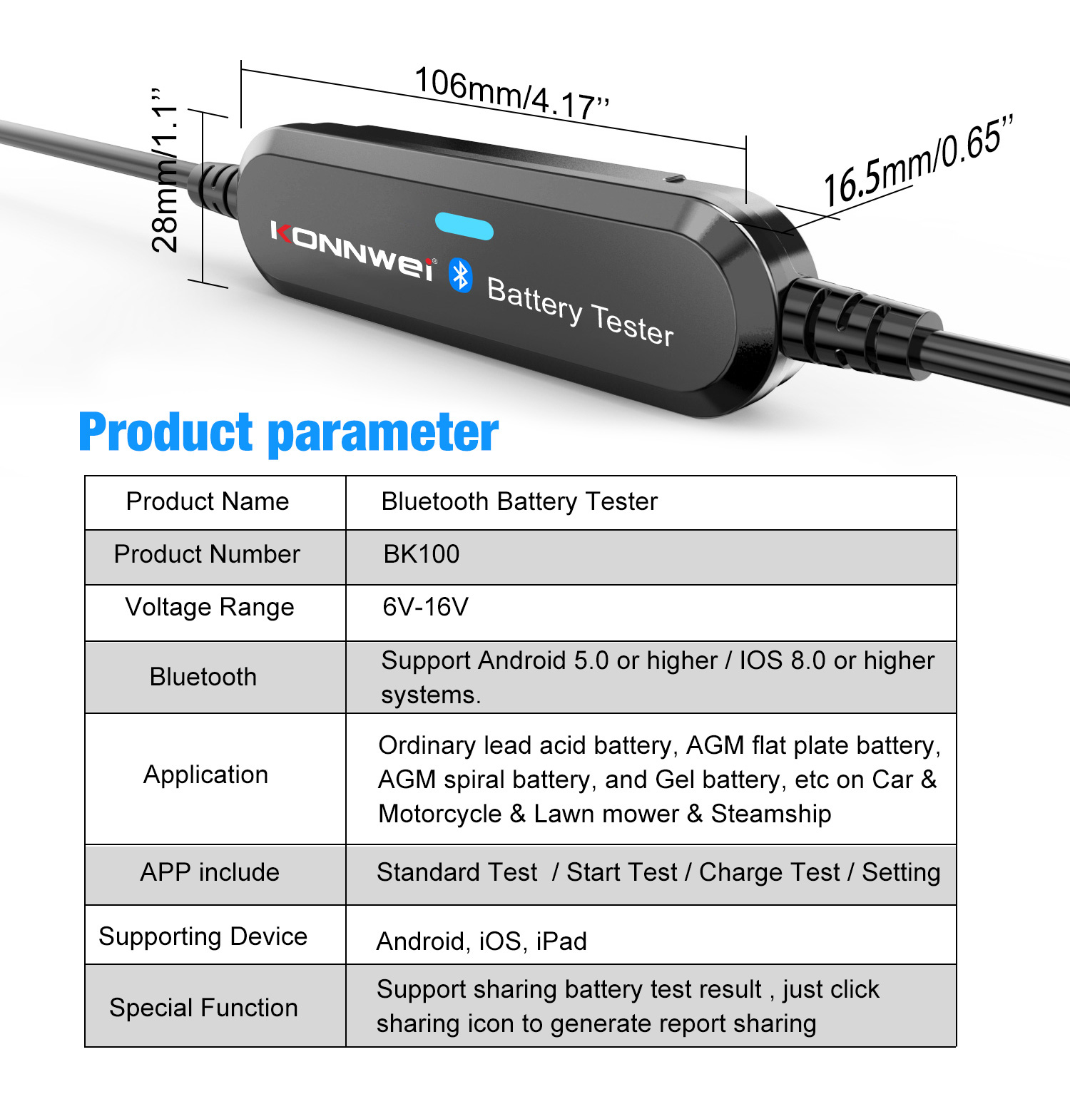 Bluetooth tester batérií Konnwei BK100