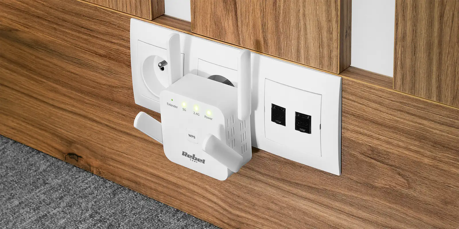 WiFi zosilňovač signálu 2,4 + 5 GHz s LAN portom Rebel L-KOM1032