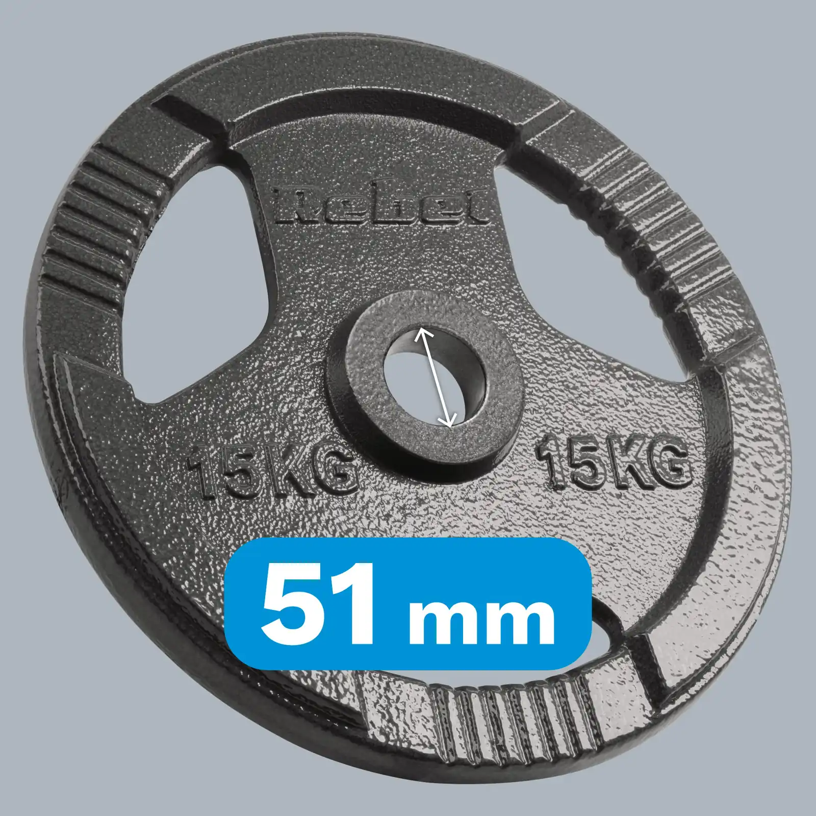 Liatinové olympijské kotúče na činku 2×15 kg, 51 mm, s úchytmi, Rebel Active L-RBA-2143-15 detail 5