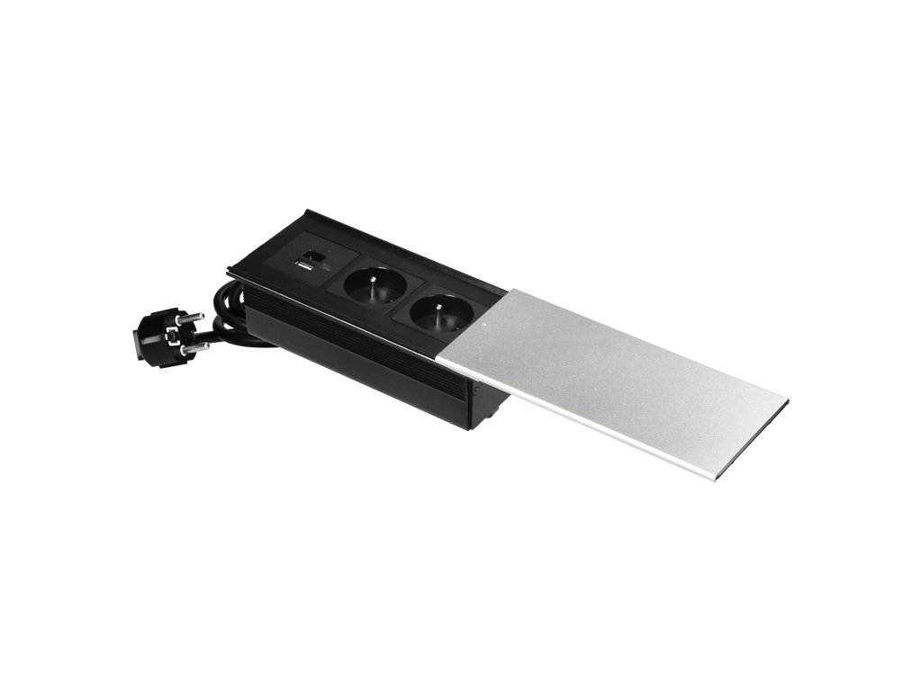 Zásuvková lišta s USB, 2x2P+E, strieborná