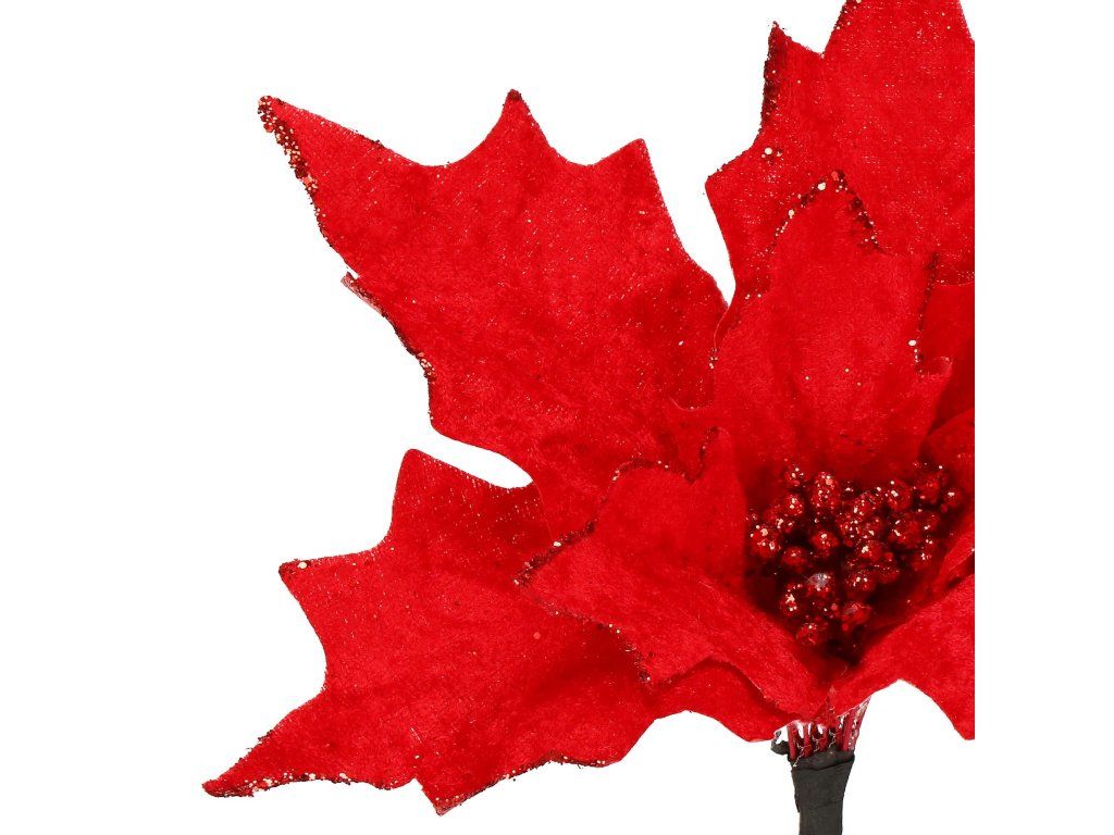 Vianočná ozdoba Poinsettia 23 cm červená s trblietkami S-CA0721 - detail 2