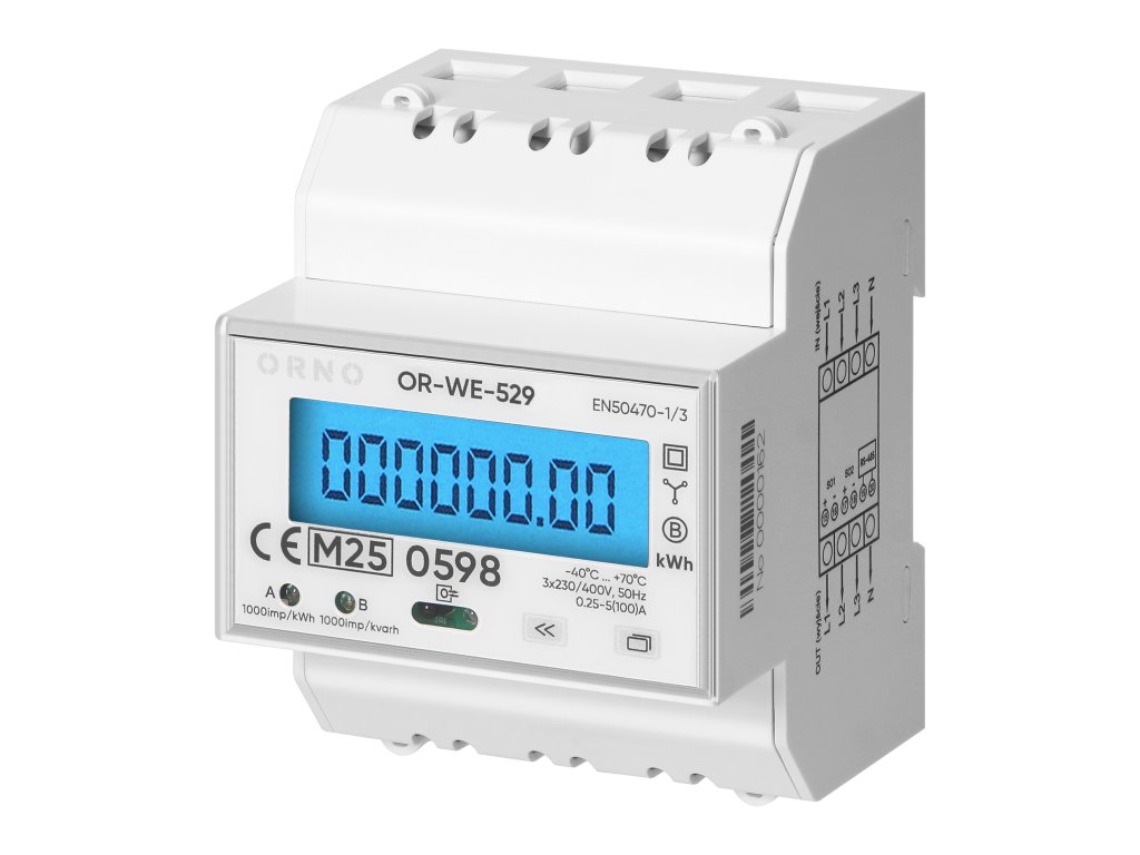 3-fázový elektromer, 100A, RS-485 port, MID, 4 moduly, inštalačná lišta: DIN TH-35mm, PV-Ready