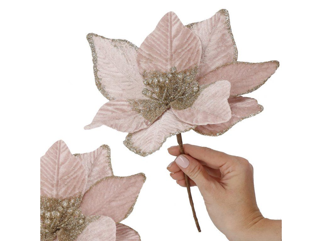 Vianočná ozdoba poinsettia 25 cm ružovo-zlatá S-CA1234 - detail 2