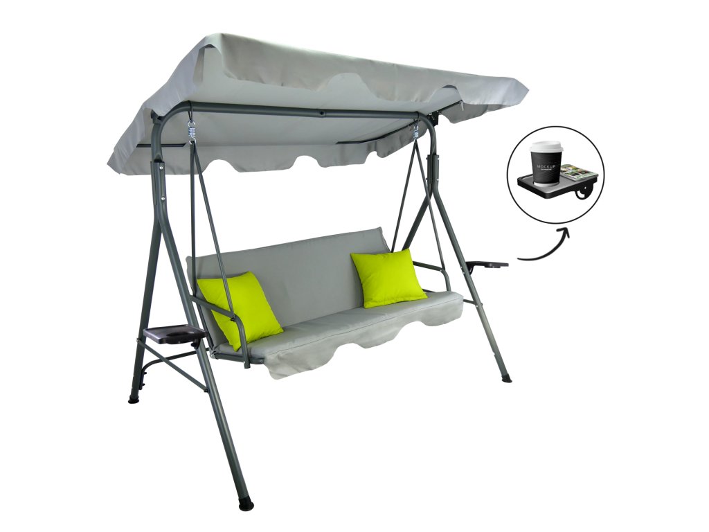 ZÁHRADNÁ HOJDAČKA A-TYPE 170 x 118 x 153 cm SIVÁ S LIMETKOVÝMI VANKÚŠMI A DRŽIAKMI NA HRNČEK *9987