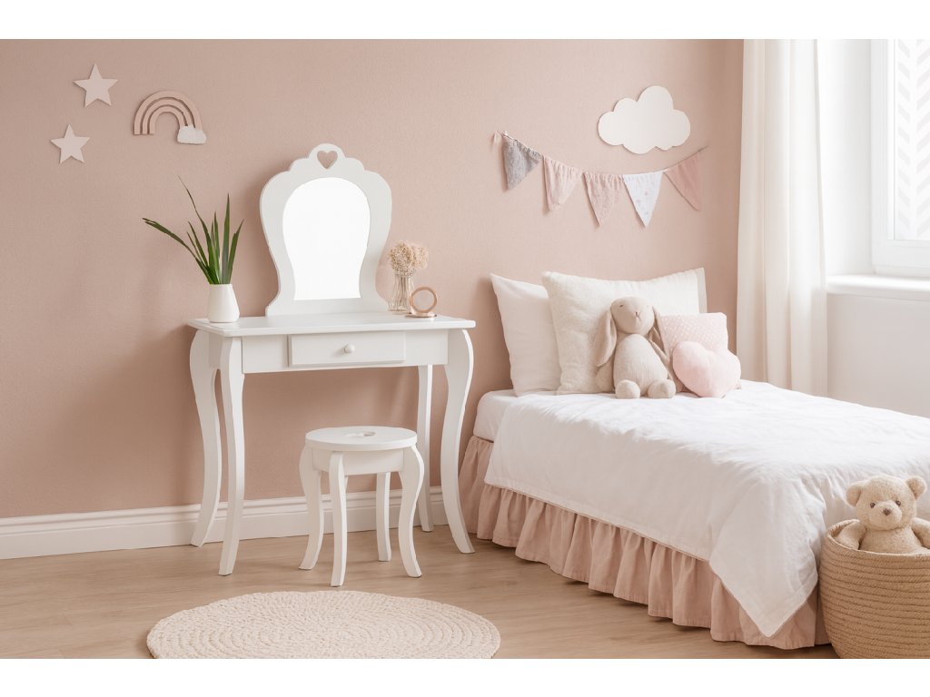 CHOMIK MALÝ KOZMETICKÝ TOALETNÝ STOLÍK BIELY SO ZRKADLOM + TABURETKA *2657