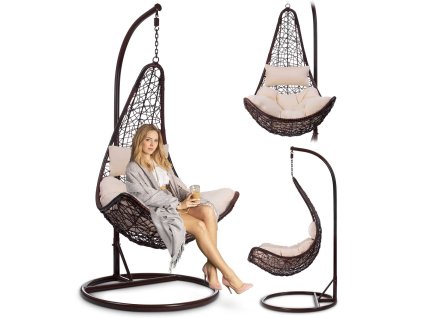 Závesné záhradné kreslo Cabana hnedé + béžové vankúše