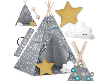 Teepee stan pre deti Nukido so svetlom - sivý s hviezdami