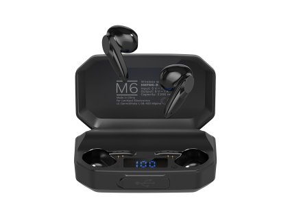 Bezdrôtové slúchadlá do uší M6 s power bankou - čierne