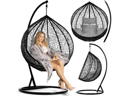 Závesné záhradné kreslo Havana čierne + sivé vankúše