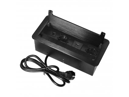 Vstavaná zásuvka Schuko na nábytok pod omietku s plochým frézovaným okrajom, kefka proti prachu, nabíjačka USB a 1,5 m kábel, 2x2P+E, 2xUSB, 2xNET, čierna