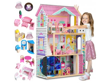 Drevený domček pre bábiky s výťahom a LED lampou