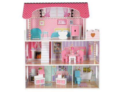 MDF drevený domček pre bábiky + nábytok 70cm ružový LED