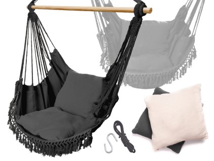 Brazílske hojdacie kreslo s vankúšmi čierne so strapcami