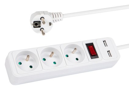 Predlžovací kábel s USB, 3 zásuvky, 3m, biely