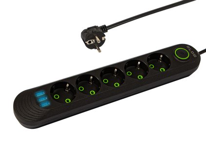 Predlžovací kábel 5 zásuviek 3xUSB 2m čierny
