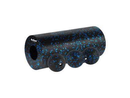 Súprava masážny valček, roller, loptička, duoball, 3 prvky, farba čierno-modrá, materiál EPP, REBEL ACTIVE