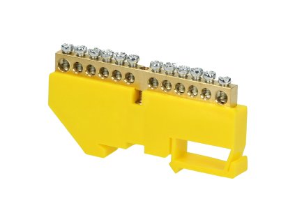 Mosadzná rozvodnica PE pre 12 vodičov, žltá