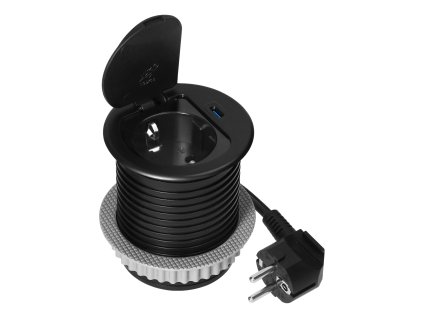 El. zásuvka s USB nabíjačkou, čierna, 1.9m